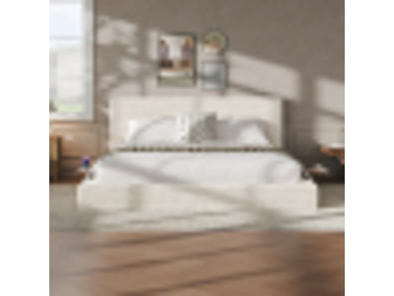  Lit double 180x200 cm avec 2 tables de chevet coulissantes, cadre rembourré et bords doux, structure métallique, blanc crème  - Conforama C