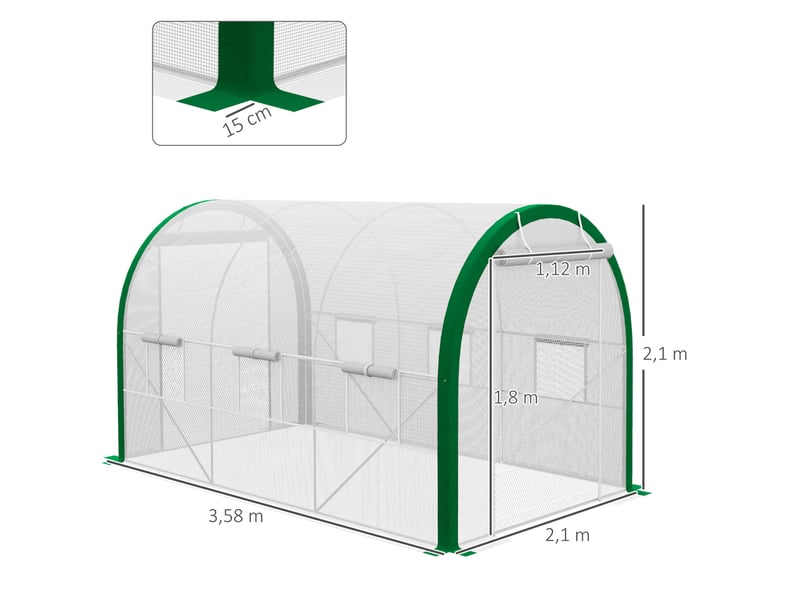 Serre tunnel de jardin 358x210x210 cm – blanche – porte enroulable, fenêtres moustiquaires, acier galvanisé  - Conforama C