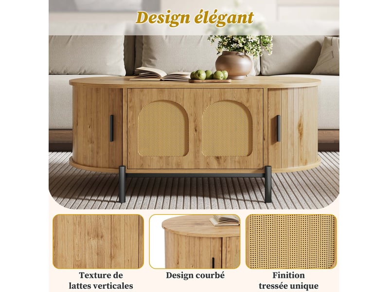  Table basse ovale en rotin 100x50x40 cm, espace de rangement, portes coulissantes, pour salon, mdf, couleur naturel  - Conforama E