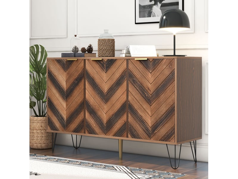  Buffet bas 3 portes en bois naturel et noir, avec rangements et pieds en fer, 120 x 38 x 76,5 cm  - Conforama D