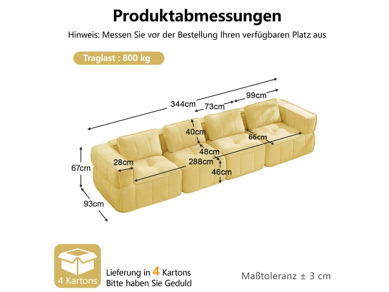  Canapé modulaire 4 places sans structure en mousse 32d, assise profonde et base antidérapante en polyester jaune  - Conforama C