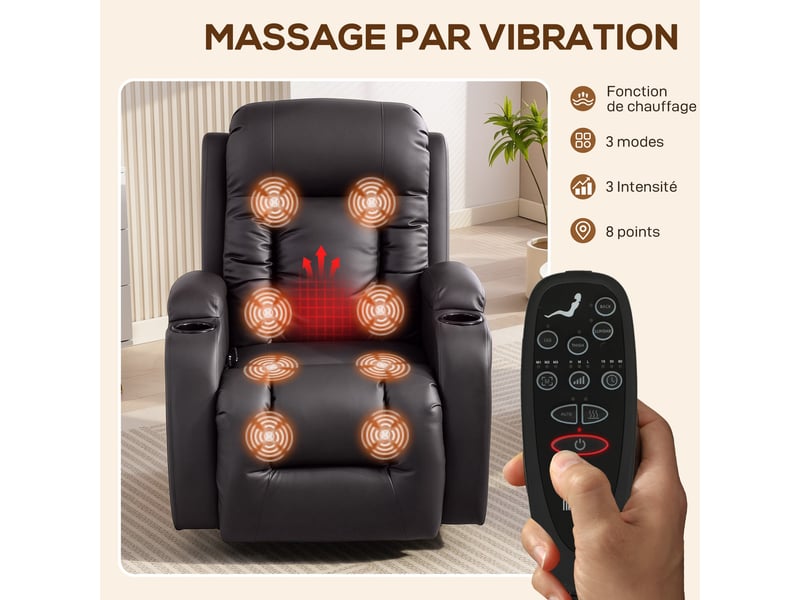  Fauteuil de relaxation inclinable et massant en pu marron 82x99x103 cm  - Conforama D