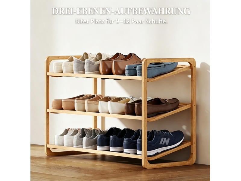  Meuble à chaussures en bambou 3 niveaux jusqu'à 12 paires, rangement ouvert compact et soigné pour l'entrée  - Conforama E