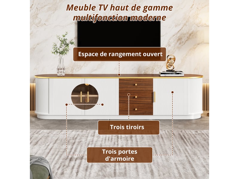  Meuble tv 3 portes et 3 tiroirs avec rangement pour salon 180×40×46 cm en mdf blanc verre brun  - Conforama C