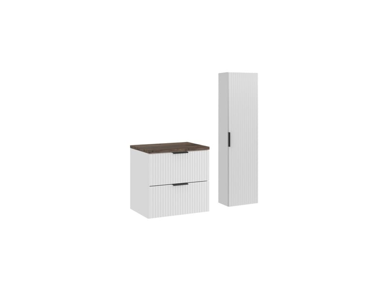  Ensemble de salle de bain noxera 60 cm – meuble sous vasque suspendu blanc avec plan pour vasque effet bois épicéa et colonne  - Conforama A
