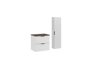 Ensemble de salle de bain noxera 60 cm – meuble sous vasque suspendu blanc avec plan pour vasque effet bois épicéa et colonne