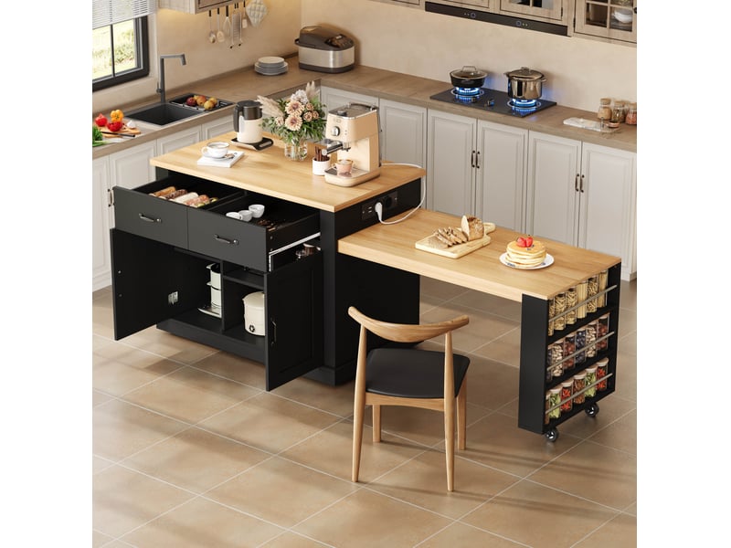 Îlot de cuisine avec table extensible, 2 portes, 2 tiroirs et prises usb, pour cuisine, mdf noir, 132 × 70 × 90 cm - Conforama B