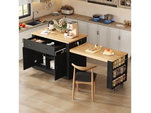 Îlot de cuisine avec table extensible, 2 portes, 2 tiroirs et prises usb, pour cuisine, mdf noir, 132 × 70 × 90 cm