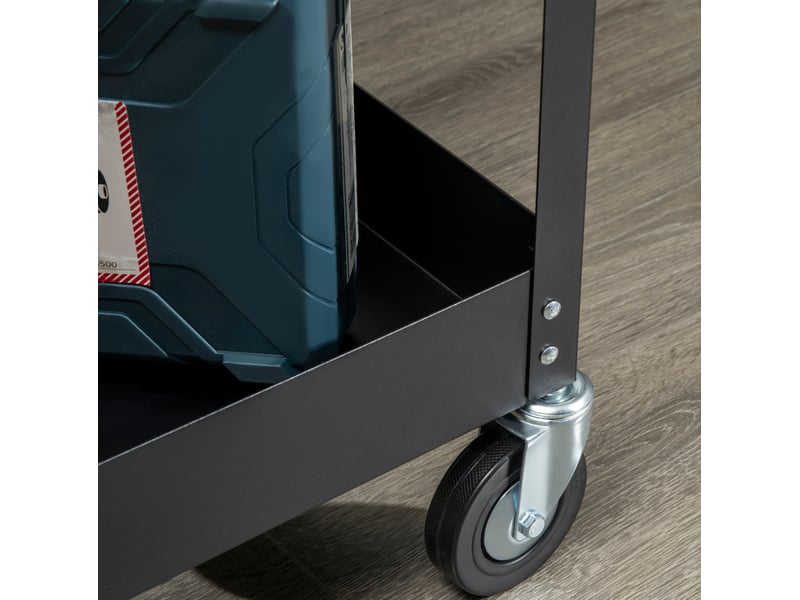  Chariot d'atelier 2 niveaux 84,5x38x84 cm noir en acier, charge totale 150 kg avec roulettes freinées  - Conforama E