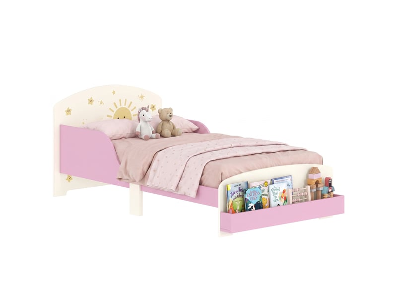  Lit enfant 70x140 cm rose avec rangement, lit de transition 3 à 8 ans en bois avec barrières  - Conforama A