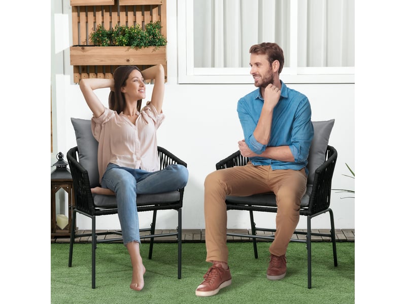 Lot de 2 fauteuils de jardin noirs en métal avec coussins, style bohème, confort pour terrasse et balcon - Conforama B