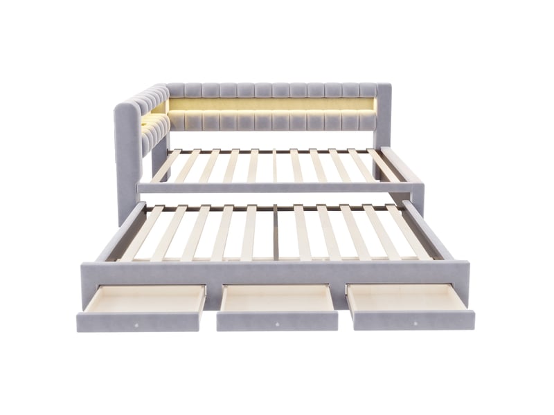 Lit gigogne 90x190 cm en velours gris clair avec led, usb et rangements, sans matelas - Conforama D