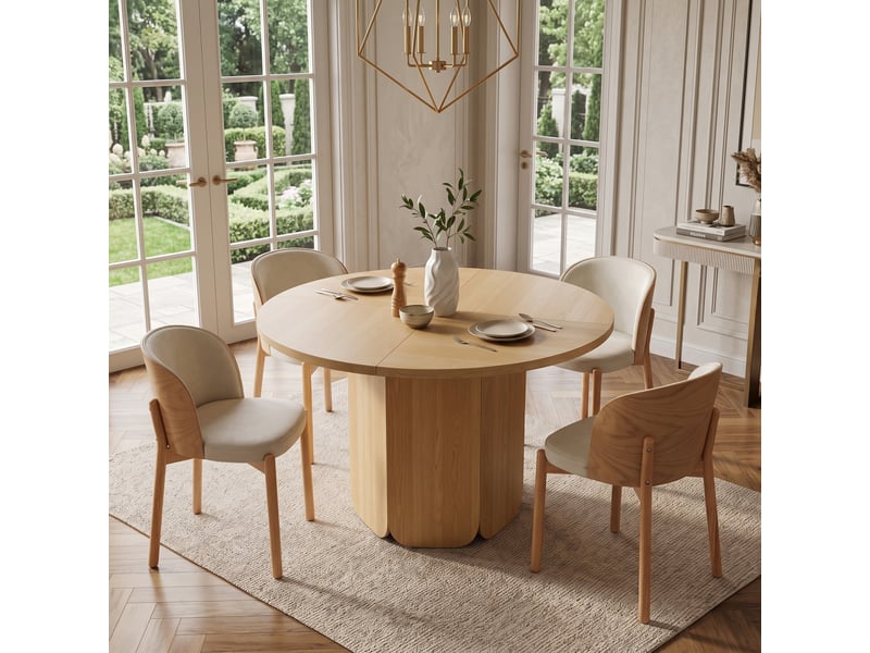  Ensemble table à manger ronde 120 x 120 cm + 4 chaises en bois massif de frêne et tissu lin, finition chêne naturel, pour salle à mange  - Conforama D