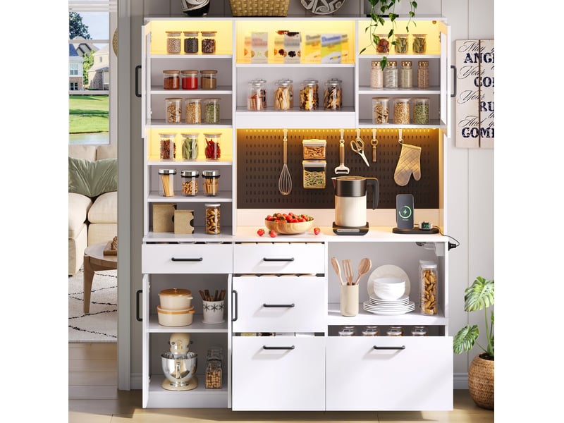  Buffet de cuisine haut avec 5 tiroirs, étagères réglables, éclairage led et prises, blanc, 145 × 40 × 185 cm  - Conforama C