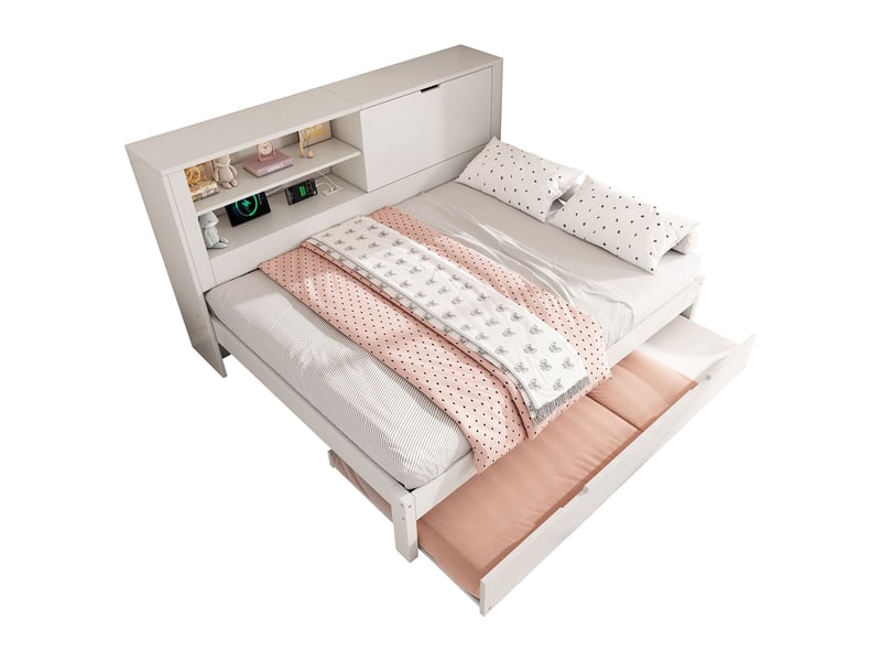 Lit banquette 140x190 cm avec lit gigogne 90x190 cm-rangement intégré et usb-c-tête de lit avec étagères-sommier à lattes-blanc - Conforama A