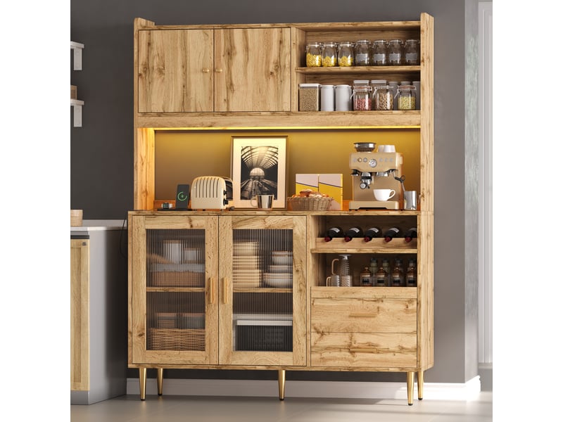 Buffet haut 130x40x172cm avec éclairage led, prises, casiers à bouteilles et étagères coulissantes, vitrine, naturel evarich - Conforama B