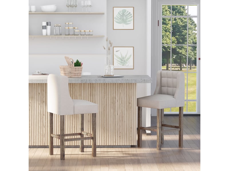  Ensemble de 2 tabourets de bar capitonnés, en bois massif, avec repose-pieds, 47 cm x 50 cm x 101 cm, gris et naturel  - Conforama C