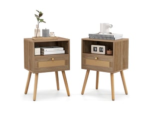 Rangement pratique, lot de 2 tables de chevet avec tiroir en rotin et étagère ouverte pour chambre ou salon