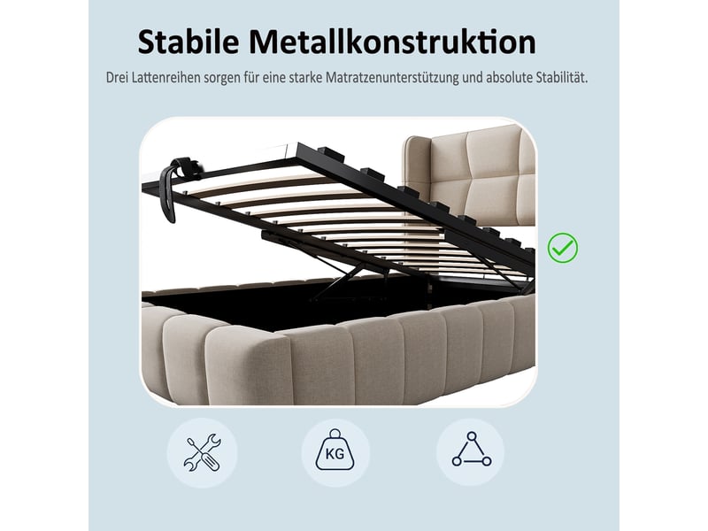 Lit rembourré, lit enfant 90x200 cm, rangement hydraulique, sommier à lattes, lin beige  - Conforama W