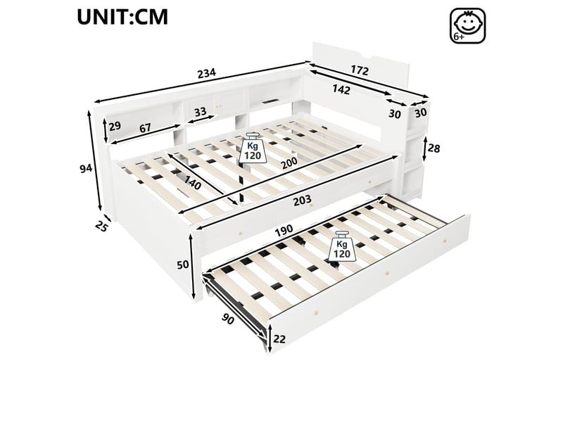  Lit enfant 140x200 cm avec lit gigogne 90x190 cm, 3 tiroirs de rangement, étagères et port usb, cadre bois blanc  - Conforama C