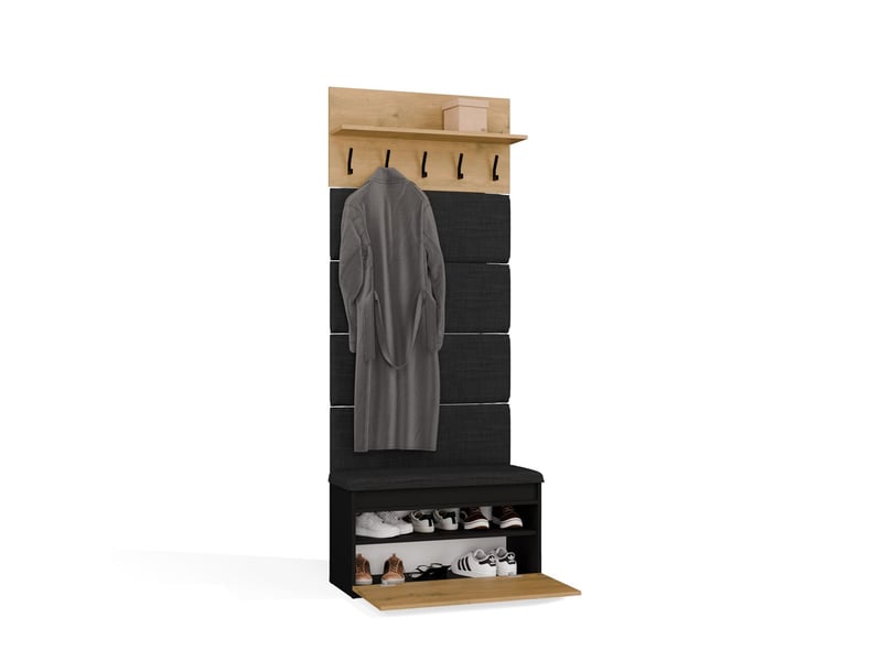  Lior - Meuble d'entrée portemanteau avec meuble à chaussures - 80x202,5x35 cm – Noir / Chêne artisan  - Conforama E