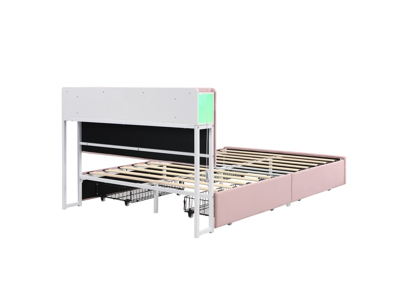  Lit enfant 140x200 cm en velours rose, 4 tiroirs latéraux, tête de lit led avec rangement, sans matelas  - Conforama D