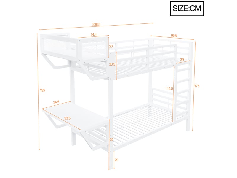 Lit superposé 90x200 cm avec bureau et étagères, structure en métal blanc - Conforama C