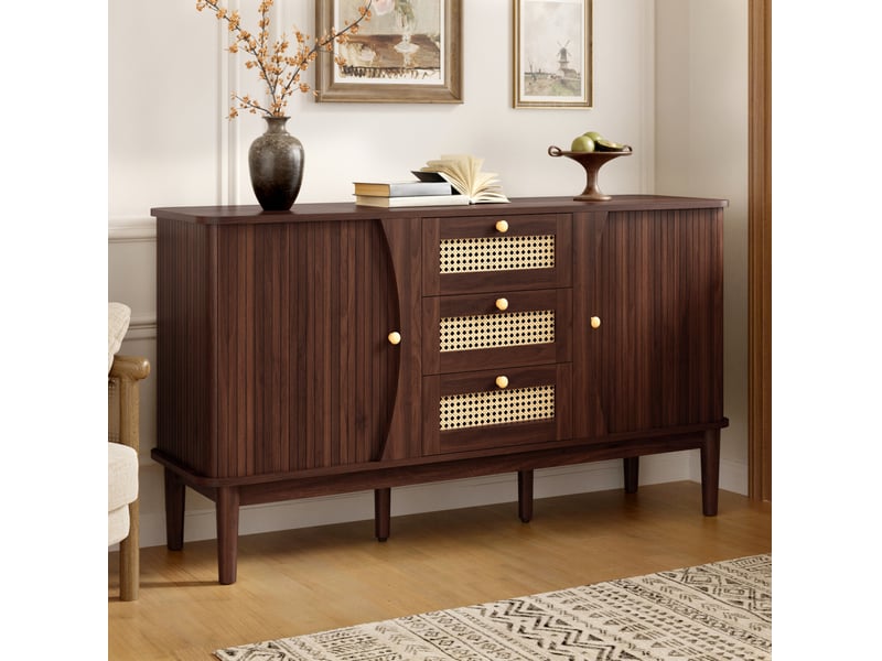 Buffet 141 x 40 x 77 cm avec 3 tiroirs en rotin et 2 portes coulissantes, étagères réglables, mdf coloris noyer - Conforama B