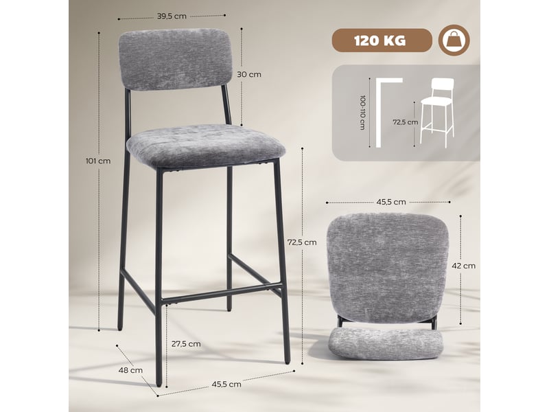  Ensemble 2 tabourets bar hauts rembourrés, comptoir cuisinebar, dossier, repose-pieds, tissu, acier gris.  - Conforama E