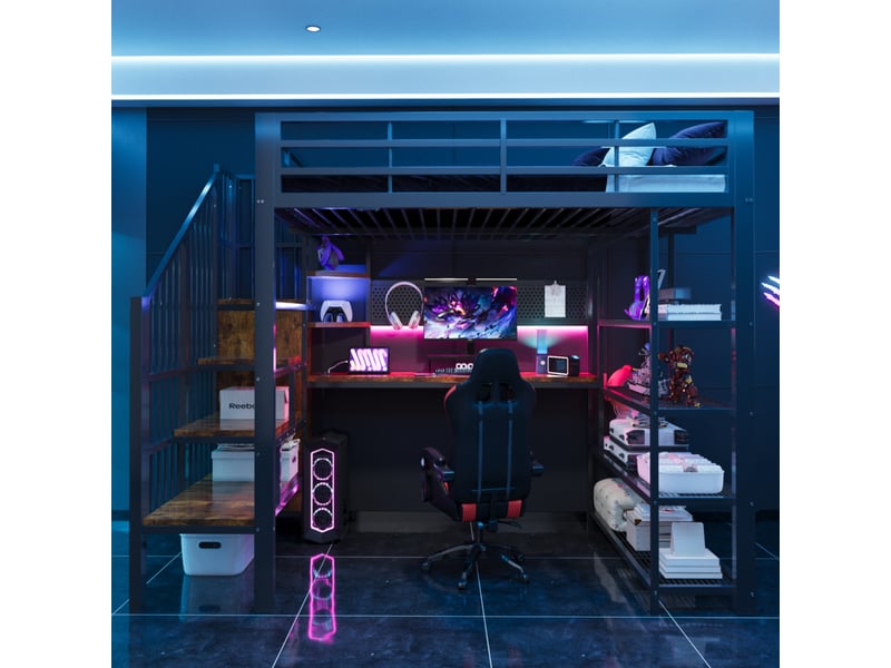 Lit mezzanine métal 140 x 200 cm noir avec long bureau, prise eu, grand panneau perforé, led, escalier rangement, étagères, chambre ado - Conforama C