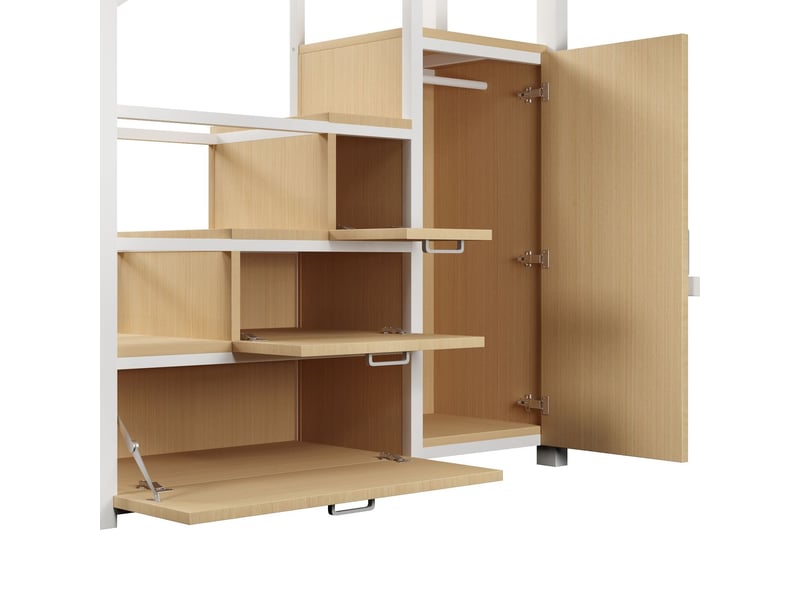  Lit mezzanine 140 x 200 cm compartiments de rangement meuble intégré éclairage led structure métal blanc  - Conforama D