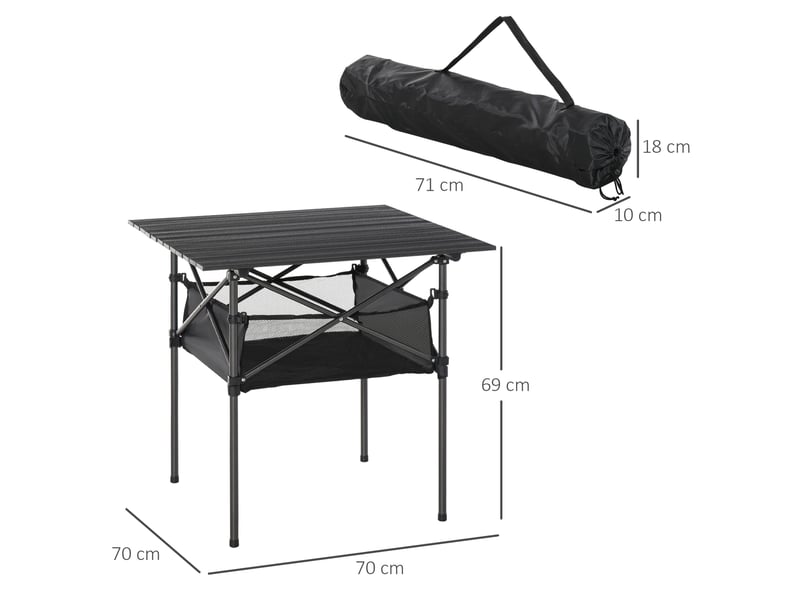  Table de camping pliante 70x70x69 cm – gris – plateau aluminium enroulable, filet et sac de transport  - Conforama C