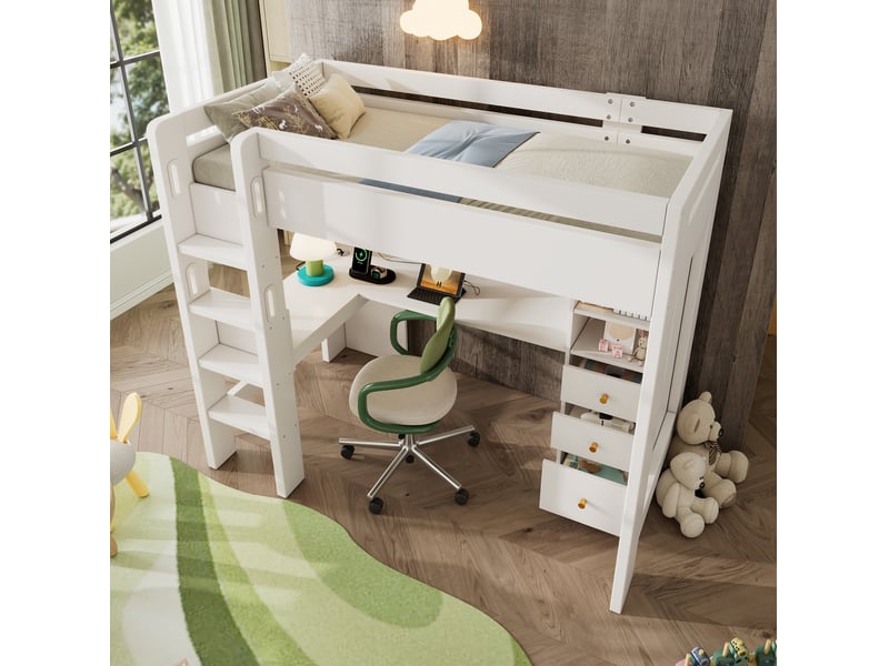 Lit mezzanine enfant 90x200 cm – blanc – bureau en l, rangements et ports usbtype-c pratiques - Conforama B