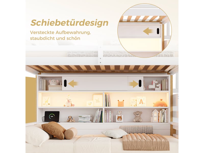  Lit superposé enfant 2 places 90×200 cm et 90×200 cm, led, usb, type-c et rangements - okmyhome- blanc, sans matelas  - Conforama E