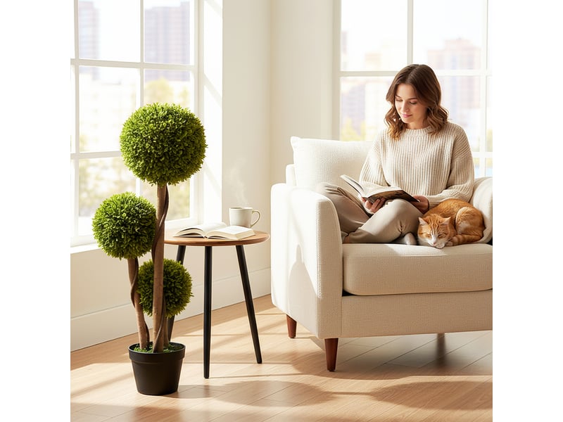 Lot de 2 plantes de buis artificielles avec 3 boules, pot et fond renforcé, hauteur 90 cm, pour une utilisation intérieure et extérieure - Conforama D