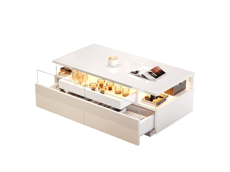  Table basse blanche brillante avec led 90x45cm - 2 tiroirs acrylique et plateau amovible  - Conforama A