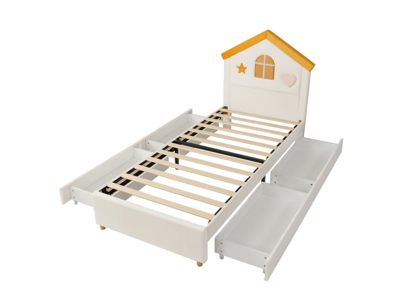  Lit cabane enfant,90x200 cm,avec 4 tiroirs,velours,beige  - Conforama D