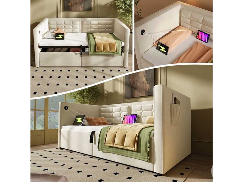  Canapé-lit rembourré 90x200 cm, beige, canapé-lit adulte avec espace de rangement hydraulique et station de recharge usb et type-c  - Conforama A