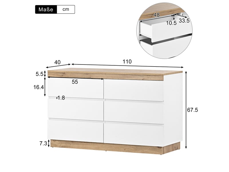 Commode avec 6 tiroirs de rangement, style classique, pour chambre et salon, en panneau de particules blanc et chêne - Conforama E
