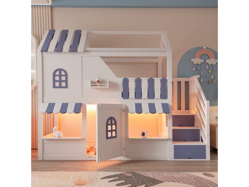 Lit superposé enfant 90 x 200 cm - avec échelle de rangement - avec lumière led - avec 1 porte - blanc + bleu (matelas non inclus)  - Conforama R