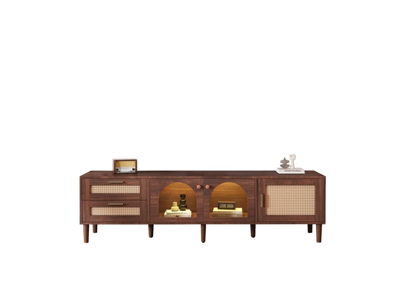 Meuble tv 180 cm marron led - façade rotin et verre bombé, design chic et grand écran - Conforama D