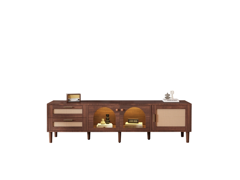  Meuble tv 180 cm marron led - façade rotin et verre bombé, design chic et grand écran  - Conforama D