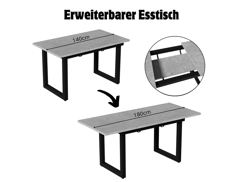 Table à manger rectangulaire extensible, 140-180x80x75 cm, pieds, pratique, plateau mdf, piètement métal, coloris gris - Conforama E