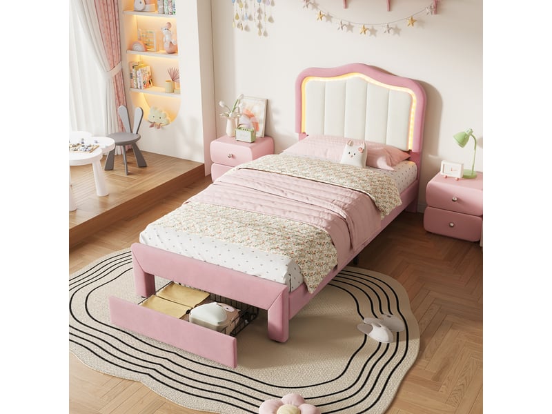  Lit enfant 90x200 cm, lit simple avec 1 tiroir et éclairage led couleur rose et blanc sans matelas, design moderne  - Conforama E