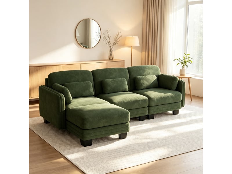  Canapé d’angle 3 places, forme l modulable, chenille, coussins lombaires et d’accoudoirs inclus, 1 ottomane, 253 × 143 × 88 cm, vert  - Conforama D