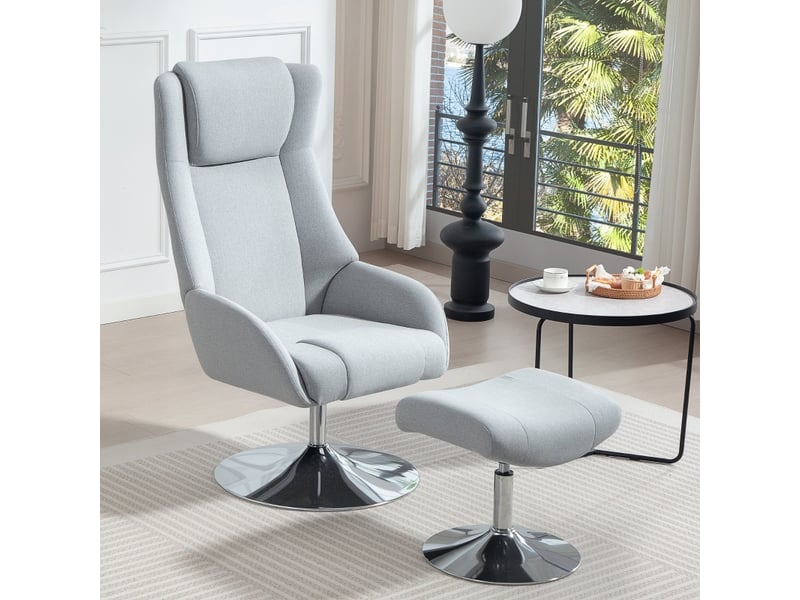  Fauteuil relax pivotant avec repose-pieds, dossier inclinable et tête rembourrée pour salon, en métal gris  - Conforama B