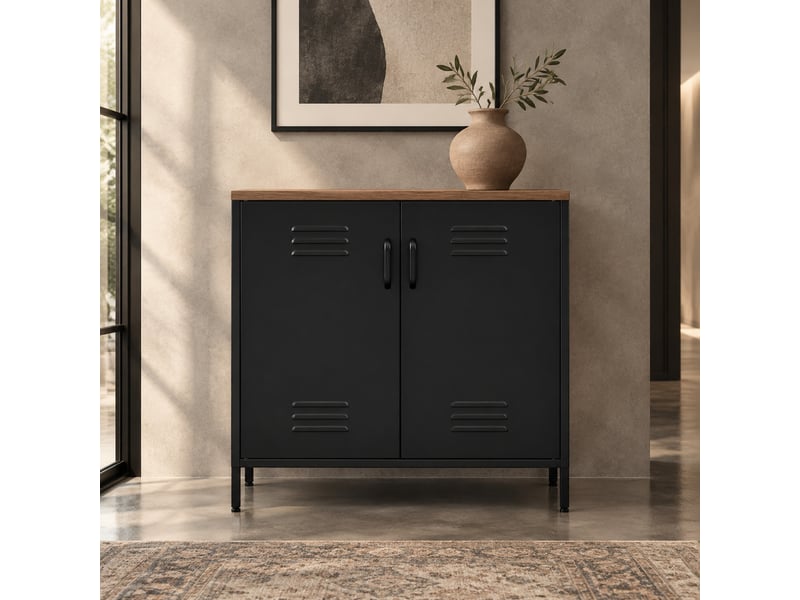  Buffet en métal avec 2 portes, étagère réglable et sécurité anti-basculement pour salon, noir, 80 × 40 × 80 cm  - Conforama C