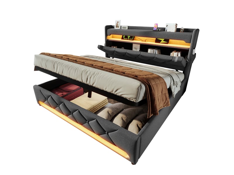 Lit double 160 x 200 cm gris en lin avec rangement hydraulique, led et matelas - Conforama A