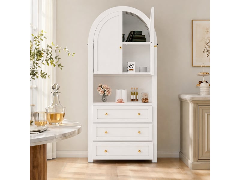  Buffet haut blanc en mdf avec 3 tiroirs et portes arquées - 70 x 35 x 180 cm  - Conforama D