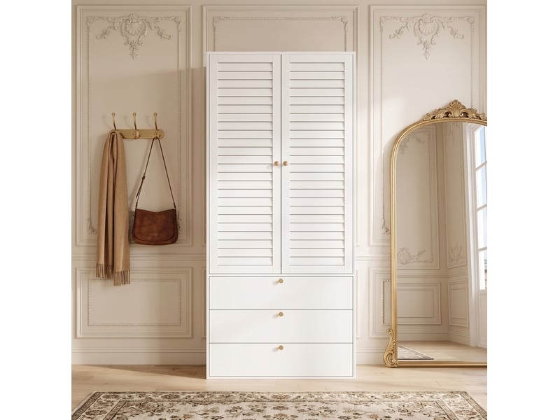  Armoire 2 portes à lamelles avec 3 tiroirs et penderie, 90 x 50 x 200 cm, blanche  - Conforama E